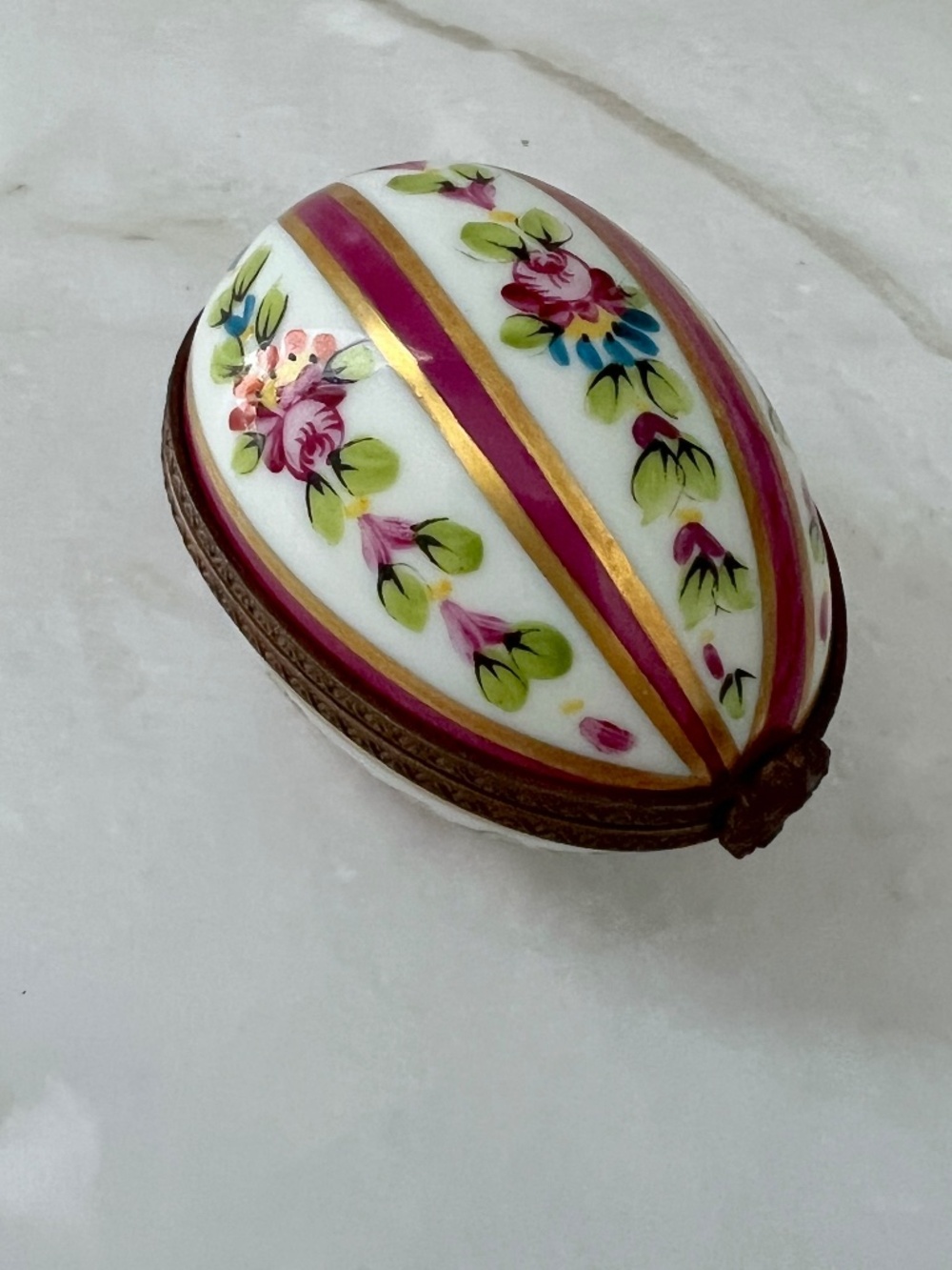 Authentic Limoges Egg Box Peint Main | Burgundy Gold Stripe Floral Garland